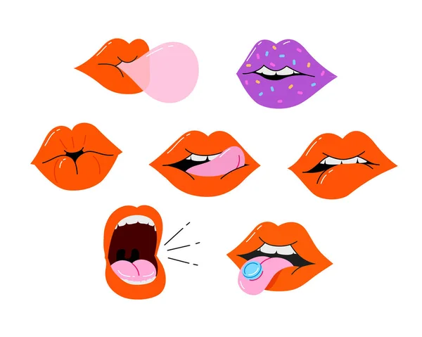 Weibliche Münder Zähne Zunge Lippen Roter Lippenstift Verschiedene Mimik Emotionen lizenzfreie Stockillustrationen
