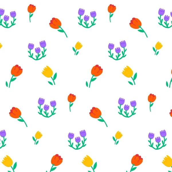 带有花朵的简单卡通矢量图案 时尚过于简单化的涂鸦图像与花卉设计 用于创建纹理背景和纺织品设计的无缝砖 图库插图