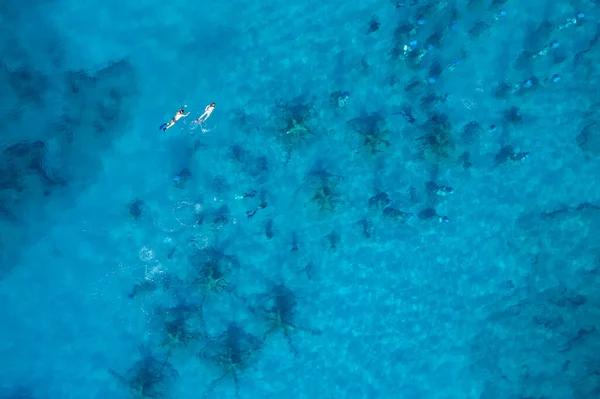 Drone aerial of scuba divers diving in the sea. Ayia Napa underwater museum