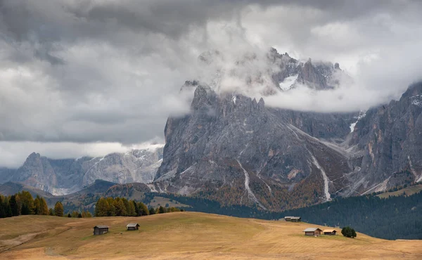 Tájkép Gyönyörű Őszi Rét Mező Csodálatos Dolomite Sziklás Csúcsok Völgyében — Stock Fotó