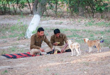 Agra, Hindistan, 15 Mart 2017: Hintli güvenlik görevlileri dinleniyor ve evsiz köpekleri besliyor. Agra Hindistan rajasthan