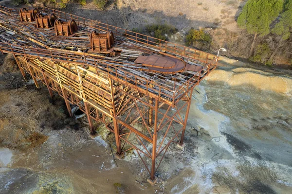 Drone Aerial Abandoned Copper Mine Demolished Steel Platform Environmental Pollution — Stock Photo, Image