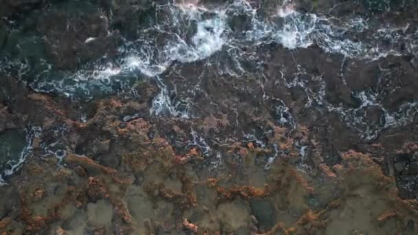 Sea Waves Crashing Roacky Coast Sunset Drone Footage Moving Waves — Stockvideo