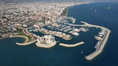 Drone aerial footage of Limassol town marina and coastal area. Cyprus Europe