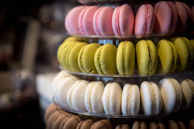 Fresh colourful delicious tasty macarons round sweet biscuits.