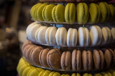 Fresh colourful delicious tasty macarons round sweet biscuits.
