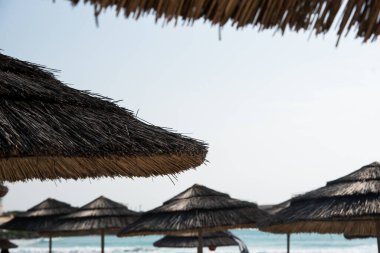 Beach sun shade umbrellas on a tropical sandy coast. Summer holidays