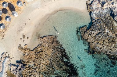Plaj şemsiyeleri ve denizde yüzen insanlar. Denizde yaz tatili. Ayia Napa, Kıbrıs, Avrupa