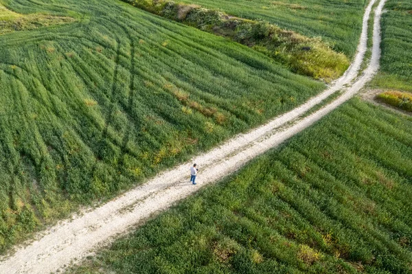 Κηφήνας Κεραία Αγνώστου Άντρα Στέκεται Ένα Αγροτικό Δρόμο Στο Πράσινο — Φωτογραφία Αρχείου