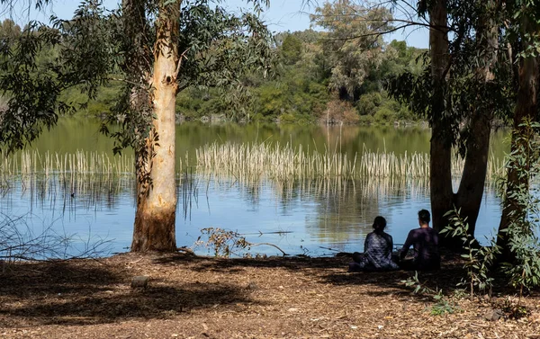 Casal Não Reconhecido Relaxando Livre Apreciando Natureza Lago Floresta Fotos De Bancos De Imagens