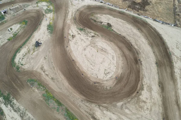 Drone Aerial Motocross Race Dirt Curvy Sport Track Aerial View — Stock Photo, Image