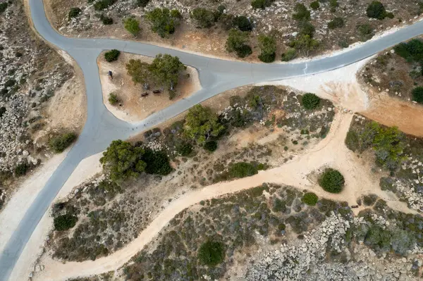 stock image Drone aerial of countryside rural empty road. Dry land. Cyprus