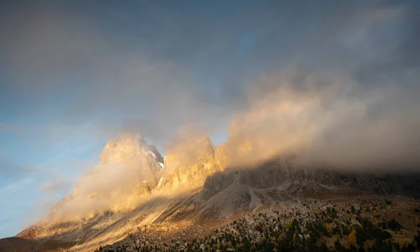 Foggy Mountain Landscape Picturesque Dolomites Passo Sella Area South Tyrol — Stock Photo, Image