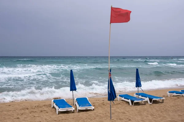 Röd Flagga Den Stormiga Stranden Farlig För Simning Fig Trädvik — Stockfoto