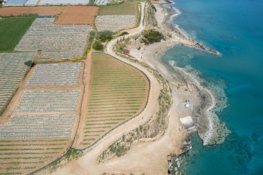 Arka arkaya seraların hava aracı görüntüsü, sebze ve meyve yetiştiren şeffaf bir film ile kaplı. Gıda ekimi, biyolojik ürünler. Kıbrıs Rum Kesimi