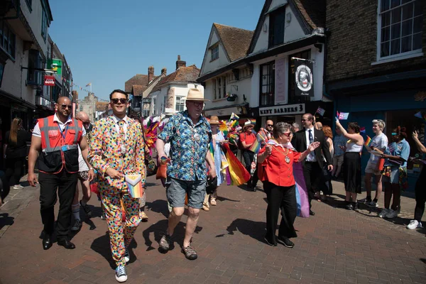 stock image Canterbury, Kent, United Kingdom, June 10 2023: Happy pride people and supporters parading at the pride parade at Canterbury city in Kent UK