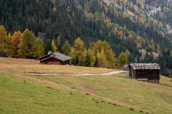 Houten Reishut Toeristische Huizen Buiten Heuvel Alpe Siusi Seiser Alm — Stockfoto