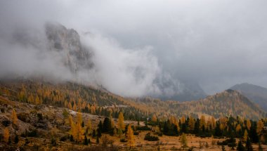 Langkofel veya Saslonch 'un dağlık tepelerinin nefes kesen manzarası, İtalya' nın Güney Tyrol şehrinde gün doğumunda dumanla kaplı dolomitlerdeki dağ sıraları.