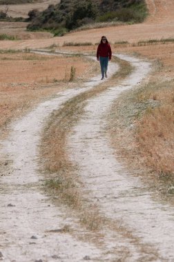 Bir tarlada dışarıda yürüyen genç bir kadın. Dışarıda yürüyüş yapmak. Sağlıklı yaşam tarzı.