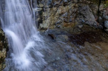 Kayalık bir uçurumda akan suya yaklaş. Doğadaki şelale. Kıbrıs Troodos
