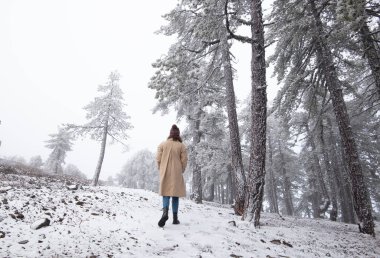 Solucanlı elbiseli genç bir kadın kışın ormanda yürüyüş yapıyor. Kar fırtınası kış zamanı. Kıbrıs Troodos