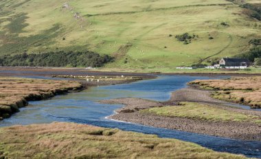 Glencoe bölgesinde tipik bir İskoç çiftlik evi. Nehir tarlayı geçiyor. İskoçya Dağları
