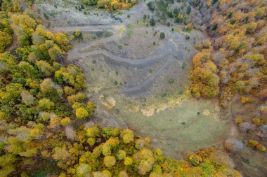 Autumn Forest Yolu 'nun insansız hava aracı antenleri. Sonbahar orman yolu, düşen yapraklarla sonbahar mevsimi manzarası. Epirus Yunanistan