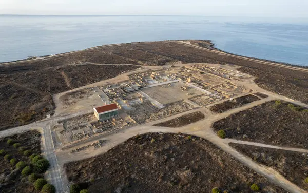Drone aerial scenery of archaeological park, ancient place . Nea Paphos, cyprus, europe.