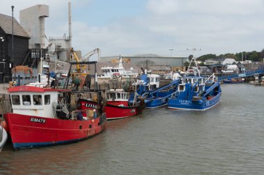 Whitstable, Birleşik Krallık, 8 Haziran 2023: Kent İngiltere 'deki Whitstable limanında demirlemiş balıkçı tekneleri