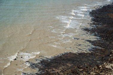 Kara kayalık sahillere okyanus dalgaları sıçrıyor. İngiliz kıyı şeridi.