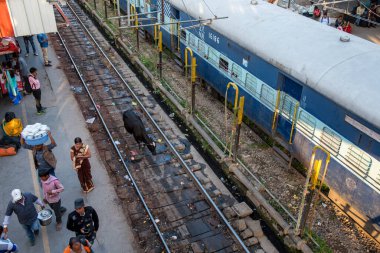 Varanasi, Hindistan, 14 Mart 2017: Varanasi tren istasyonundaki Hintliler seyahat etmeye hazır