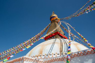 Budha stupa veya Boudhanath Stupa, Katmandu Nepal 'deki dini kutsal tapınak.. Buda 'nın gözleri