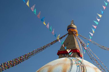 Budha stupa veya Boudhanath Stupa, Katmandu Nepal 'deki dini kutsal tapınak.. Buda 'nın gözleri