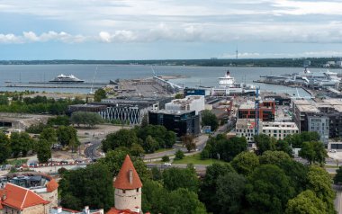 Tallinn, Estonya, 20 Temmuz 2024: Tallinn Estonya 'nın panoramik manzarası. Tallin Limanı ve Baltık Denizi manzarası.