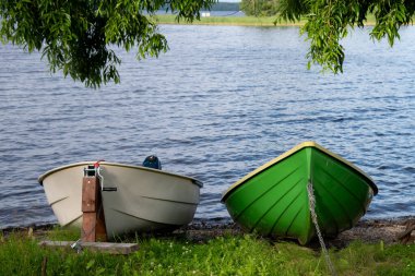 Kayıklar, sakin suyla göldeki ağacın altında sazlığın yakınındaki çimlere demirlemişti. Kallavesi Gölü Kuopio Finland