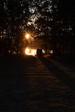 Tanınmayan insanlar gölde gün batımını seyredip eğleniyorlar. Ormandaki insanlar günbatımının tadını çıkarıyorlar. Kuopio Finlandiya