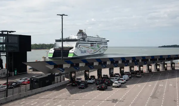 stock image Helsinki, Finland, July 20 2024: Helsinki port west terminal. Vehicles on the port ready for loading in a ferry. Tallink Shuttle to Estonia