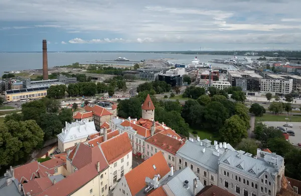 Tallinn Estonya şehir manzarası. Tallin Limanı ve Baltık Denizi manzarası.