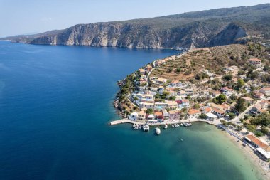 Drone aerial scenery of Greek village of Asos on the west coast of the island of Cephalonia , Kefalonia Greece in the island sea. clipart