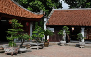 Huzurlu avlu güneş ışığıyla yıkandı. Geleneksel Vietnam mimarisi ve bonsai ağaçları sergilendi.