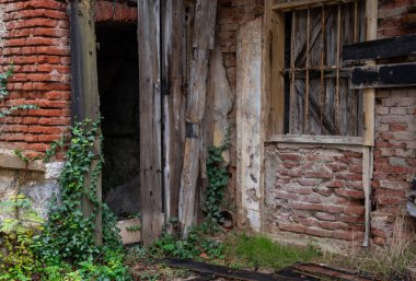 Kırık kapının etrafında büyüyen bitkiler ve terk edilmiş bir binanın parmaklıklı penceresi.