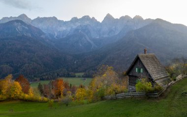 Drone aerial scenery of wooden mountain hut overlooking autumn valley in the julian alps, slovenia clipart