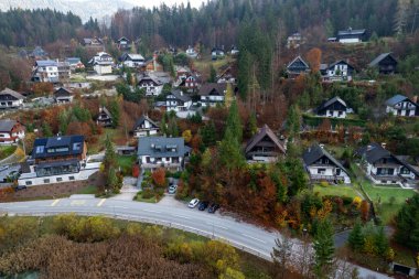 Aerial view of bohinj valley in slovenia during peak autumn foliage season, showcasing colorful trees and houses clipart