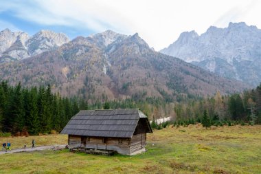 Julian Alpleri 'ndeki sonbahar vadisine bakan Ahşap dağ kulübesinin insansız hava aracı antresi. Tatil ahşap evi