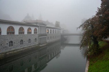 Plecnik pazar binasını ve Ljubljanica Nehri üzerindeki Ljubljana, Slovenia 'daki bir köprüyü sis kaplıyor.