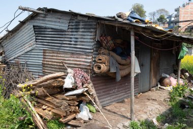 Makeshift housing using corrugated iron sheets and bamboo poles, demonstrating poverty and resourcefulness in kathmandu clipart