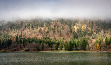 Alçak bulutlar bir gölün yanındaki renkli sonbahar ağaçlarıyla bir dağı kaplıyor. Lago del Predil, İtalya