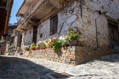 Renkli saksıları ve kaldırım taşları olan geleneksel bir mimari. Aska köyü Cypus