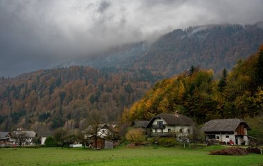 Slovenya 'nın kırsal kesimlerinde, renkli sonbahar ormanı ve sisle kaplı bir dağın altındaki yeşil bir vadide evler ve ahırlar duruyor.