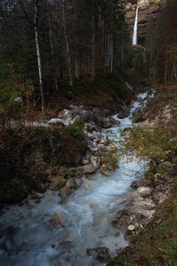 Vadide şelale akıyor. Turkuaz su kayalık bir nehir yatağından akar. Slovenya. Triglav Bistrica Şelalesi